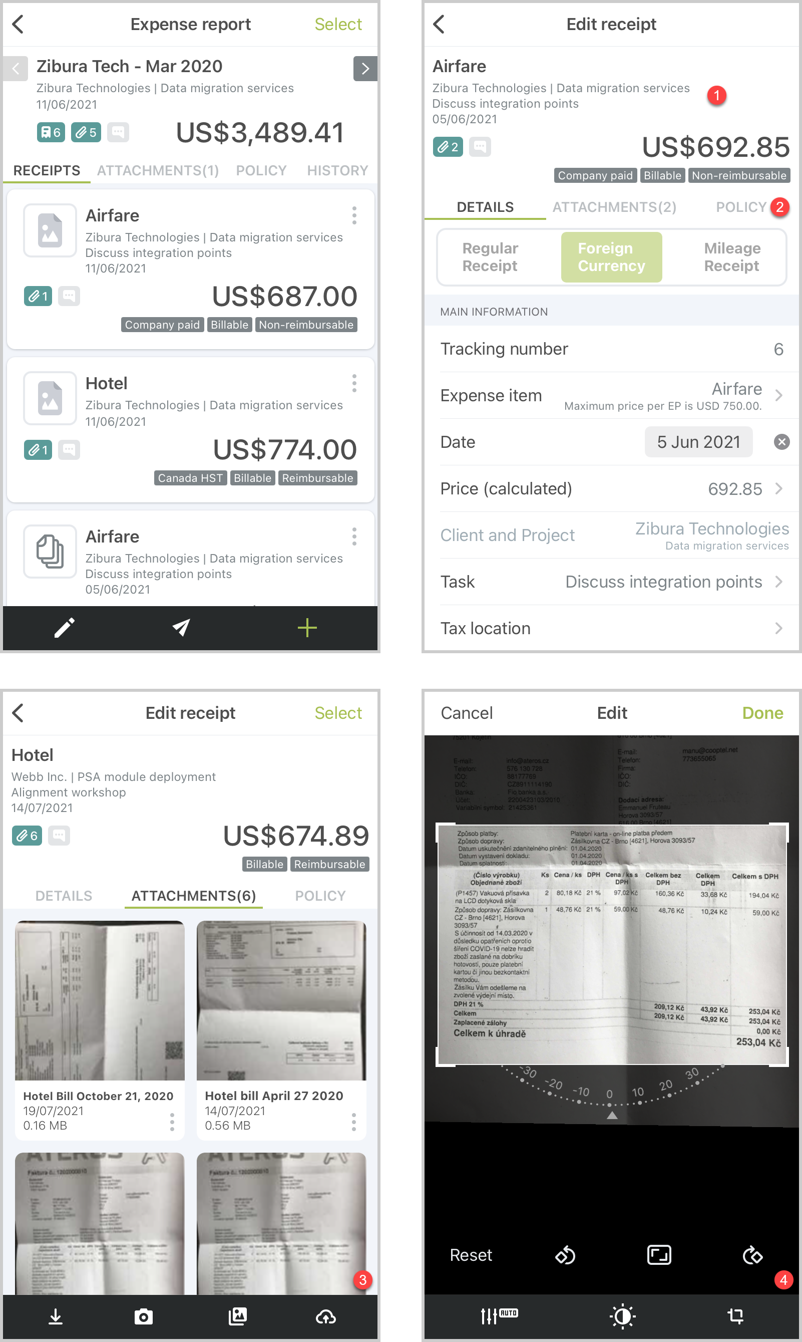 Expense report screen, Receipt screen, Attachments tab and image editing screens in OpenAir Mobile.