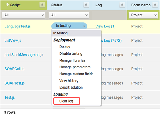 Clear log action in the Scripting Center.