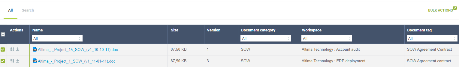 Bulk Actions in Workspaces Documents